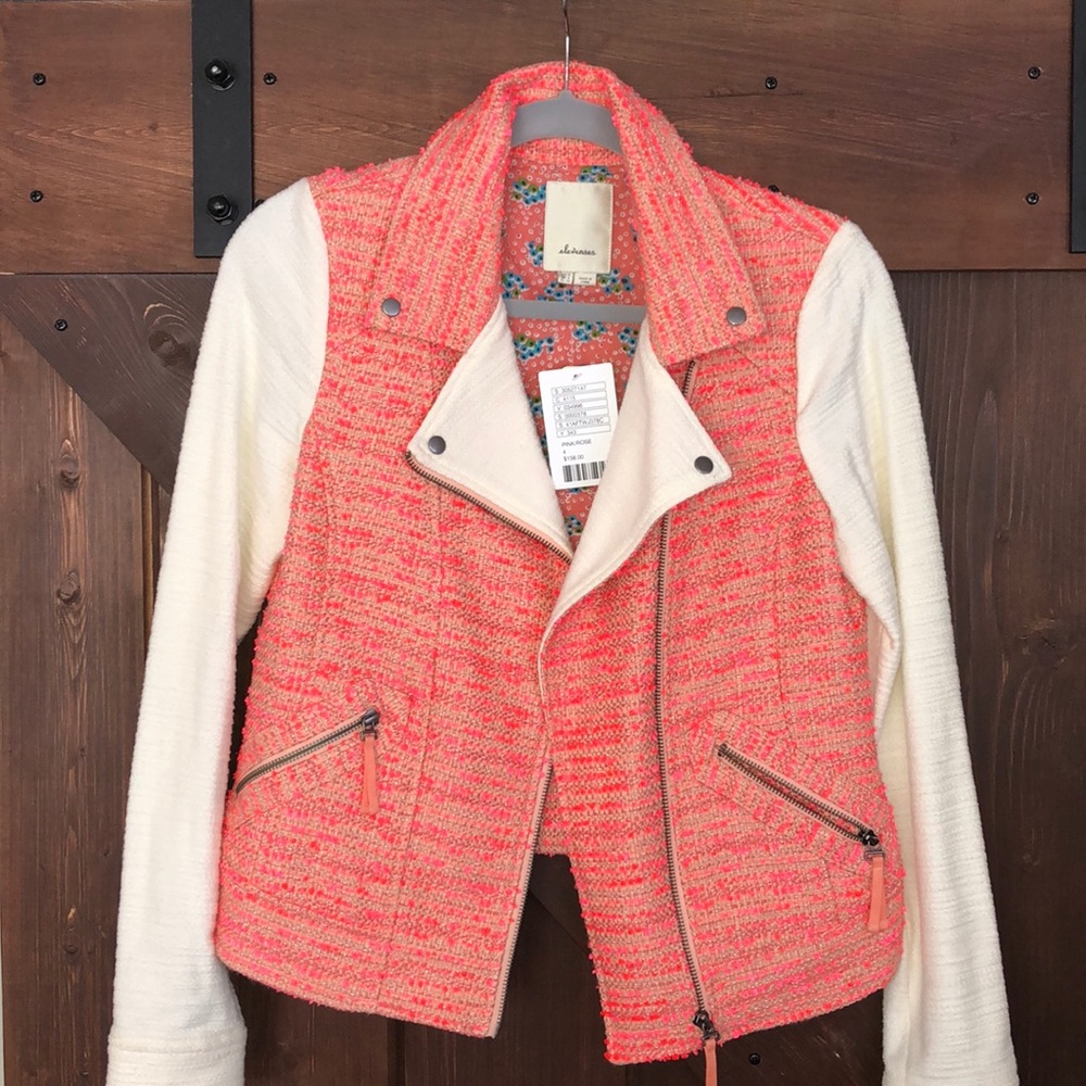 Anthropologie Elevenses Pink & cream tweed jacket. NWT!